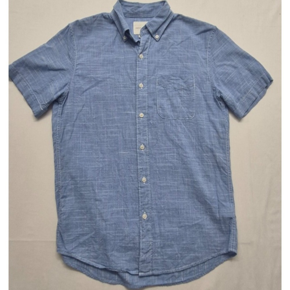 American Eagle mens heathered blue shirt XS button up short sleeve Cotton pocket